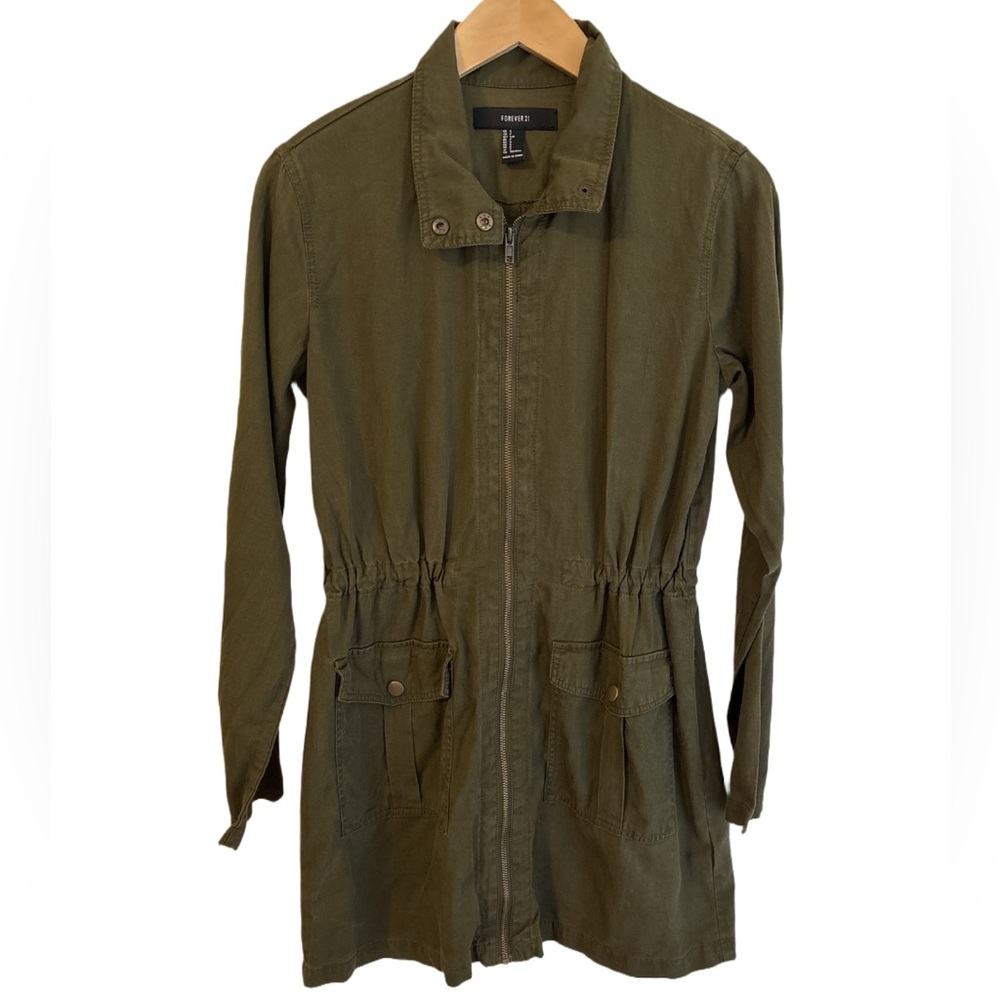 Forever 21 Dark Army Green Zip Up pocket Military Cargo Coat Jacket Size SMALL
